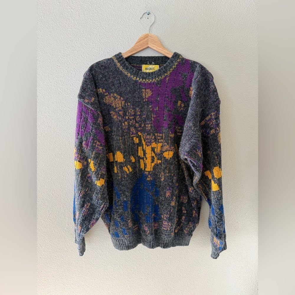 Vintage 90’s Magnet Abstract Knit Sweater Men’s L Gray Purple Yellow Blue